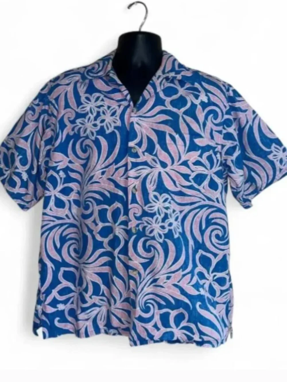 Go Barefoot Vintage Blue & Pink Hibiscus Floral Hawaiian Shirt Short Sleeve M
